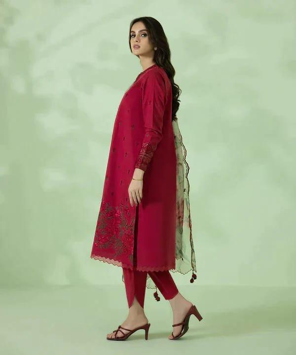 3 Pcs Women's Unstitched Dhanak Embroidered Suit