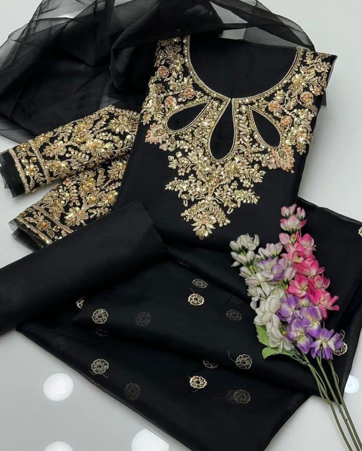 3 Pcs Women's Unstitched Katan Silk Hand Work Suit