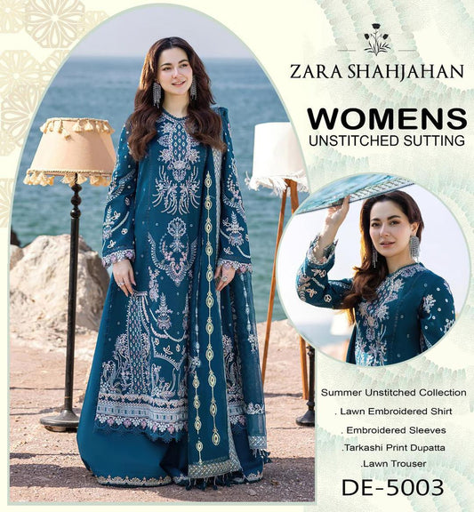 Elegant Blue Embroidered Lawn Suit 3 Pcs Set