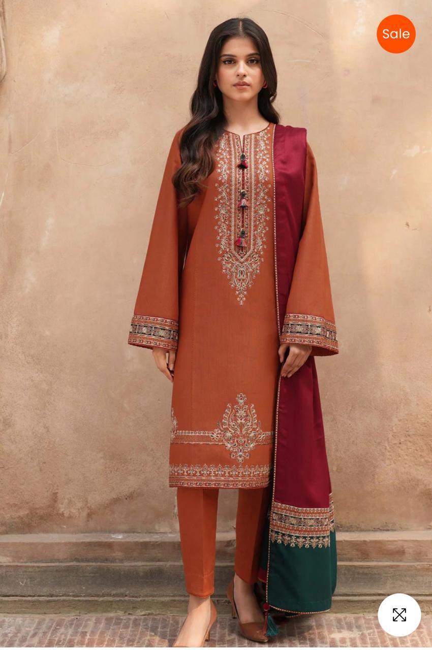 Elegant Orange Lawn Embroidered Suit-3 Pcs with Digital Print Dupatta