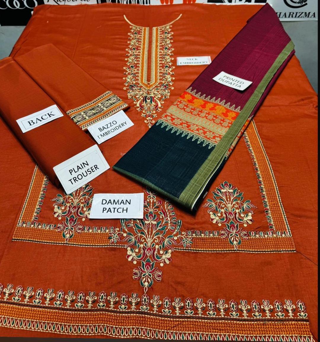 Elegant Orange Lawn Embroidered Suit-3 Pcs with Digital Print Dupatta