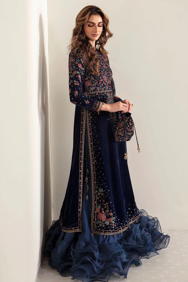 Stylish Blue Embroidered Velvet Suit Set 3 Pcs