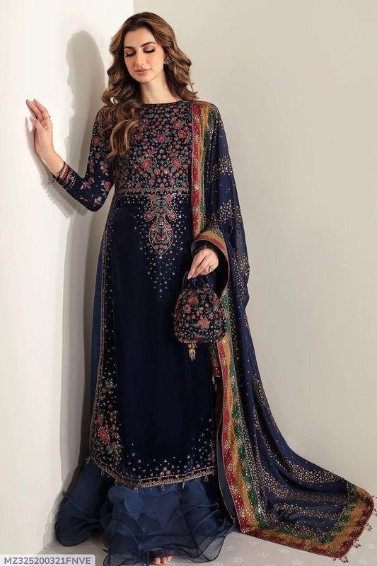 Stylish Blue Embroidered Velvet Suit Set 3 Pcs